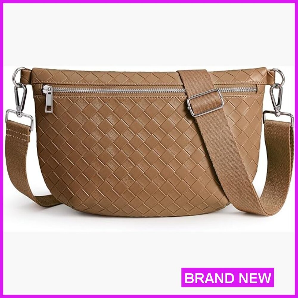 Woven Vegan Leather Crossbody Fanny Pack Adjustable Wide Strap Travel Bag